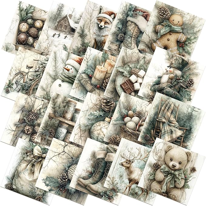 20 Pcs 10''x10'' Vintage Green Christmas Quilting Fabric Square Bundle Snowman Precuts Quiltted Fabric Gingerbread Reindeer Printed Patchwork Supplies for Winter Patchwork DIY Sewing Craft