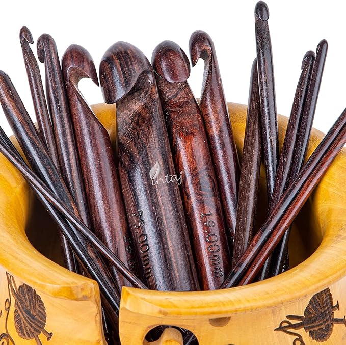 INTAJ Rosewood Jumbo Crochet Hook Set Handmade, 15 Sizes Upto 25MM Wooden Crochet Hooks for Knitting, Size Engraved - Wooden Yarn Bowl Crochet Hook Accessories (Set of 7 3.5-10mm, Rosewood)