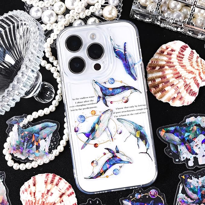 120Pcs Holographic Sea Animal Stickers - Transparent Ocean Life Decals Featuring Jellyfish, Seahorses, Dolphins, Whales, Conch Shells for Scrapbooking, Journals, Resin Art Projects