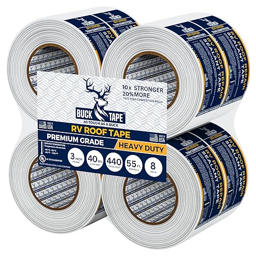 8 Pack Buck RV Roof Sealant Tape – 3 Inch x 55ft, 40 Mil – Waterproof RV Tape for Roof Repair, Seams, Skylights, Vents & Window Leaks on Camper, Trailer & Boat, UV Resistant & Weatherproof, White