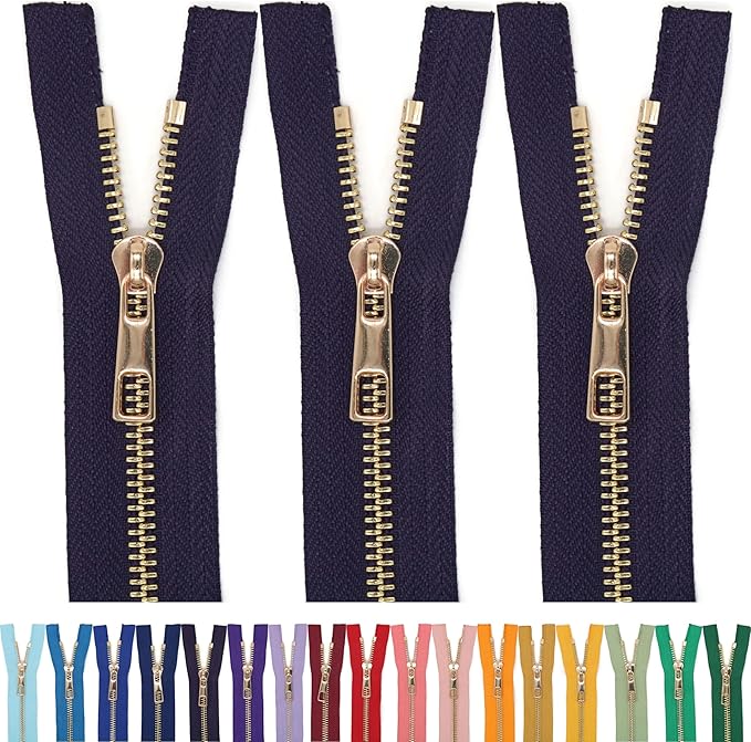 #5 Gold Metal Zipper - 50+ Colors - 3 PCS - (4-14 inches) Sizes - Luxury Lightweight Handcraft Metal Zippers with pulls for Purses Bags Pockets Shoes Sewing & Crafts DIY ZP02265