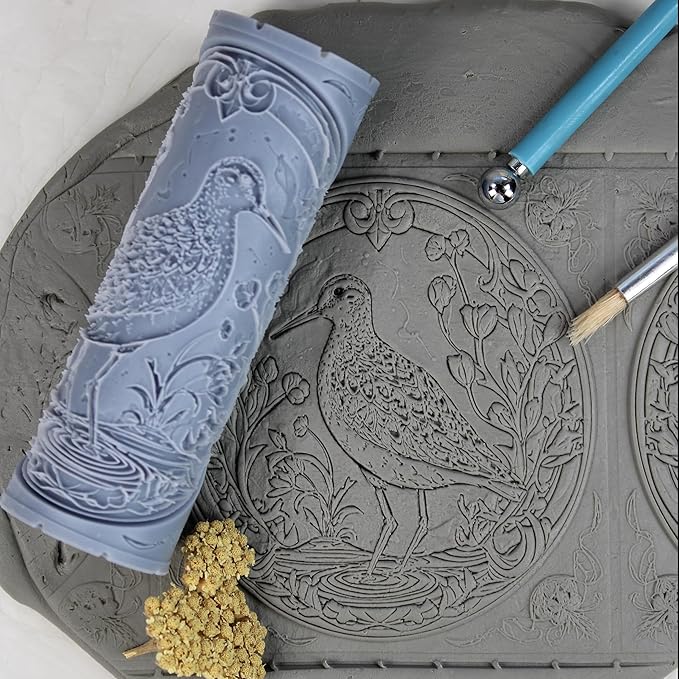 Sandpiper Clay Texture Roller (4") - Bird Set #02 - Embossing Pattern Roller for Polymer & Ceramic Clay, Pottery & Crafts