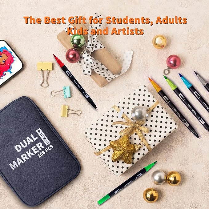 Dual Markers Brush Pens, 168 Colors Art Marker Set with Brush and Fine Tips – Premium Art Supplies for Adults, Perfect for Coloring Books, Hand Lettering, Calligraphy, and Drawing