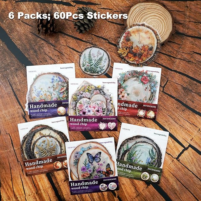 60 PCS Nature PET Stickers, Faux Wood Slice Botanical Stickers with Mushrooms, Flowers, and Butterflies for Scrapbooking, Journaling, and DIY Crafts
