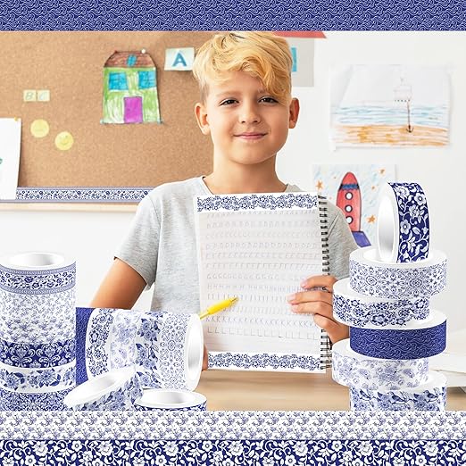 12 Pcs Blue and White Porcelain Washi Tape Set Chinoiserie Patterned Masking Tape Porcelain Pattern Decorative Paper Sticker for Scrapbook DIY Craft Gift Wrapping Handbook Sticker