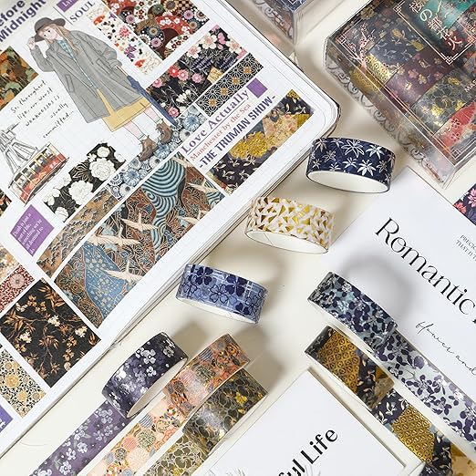 10 Rolls Sakura Washi Tape Set Japanese Arts Adhesive Tapes Gold Silver Foil Decorative Masking Tape Sets for Craft, Kids, Scrapbook, DIY, Gift Wrapping (Golden Kimono)