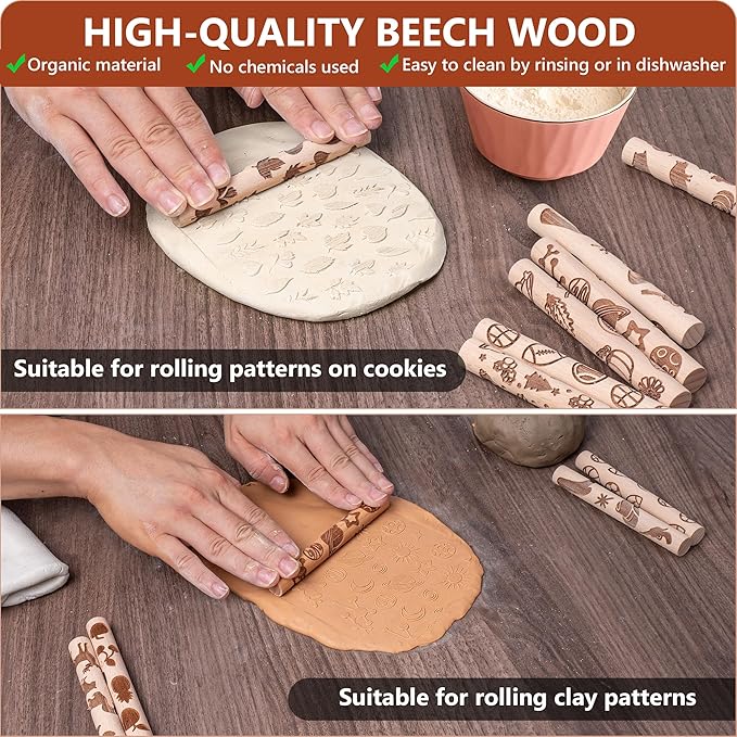 10pcs Wooden Clay Texture Rollers Set for Pottery & Ceramics - Holiday Patterns - Potters Stamp Roller Tools for Ceramic Slabs - Textured Rolling Modeling Pins (SEASONAL - 0.6" Thickness)