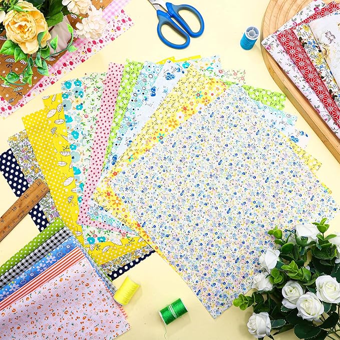 100 Pcs 8 x 8 Inch Cotton Fabric Squares No Repeat Pre Cut Quilting Fabric Bundles Multi Color Floral Square Patchwork Floral Printed Quilting Supplies for Sewing, Christmas DIY Craft, Scrapbooking