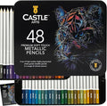 Castle Art Supplies Metallic Colored Pencil Set | 48 Shimmering Shades with Wax Cores for Professional and Adult Artists | Presented in Tin Case