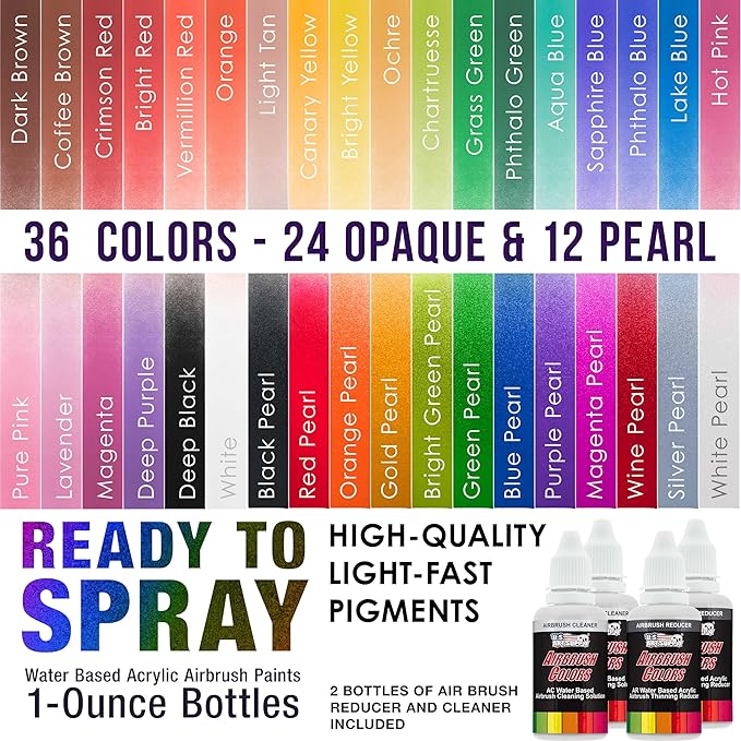 U.S. Art Supply 36 Color Deluxe Acrylic Airbrush, Leather & Shoe Paint Set with Cleaner, Thinner, 50-Plastic Mixing Cups, 50-Wooden Mix Sticks and Color Mixing Wheel