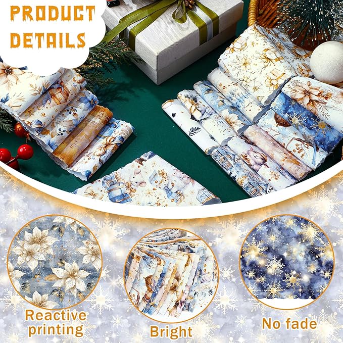 Ganeen 100 Pcs Christmas Blue and Gold Quilting Fabric Roll 2. 56 Inch Fabric Squares Jelly Patchwork Precut Strips Bundles for Holiday Materials Craft DIY Sewing Cloths
