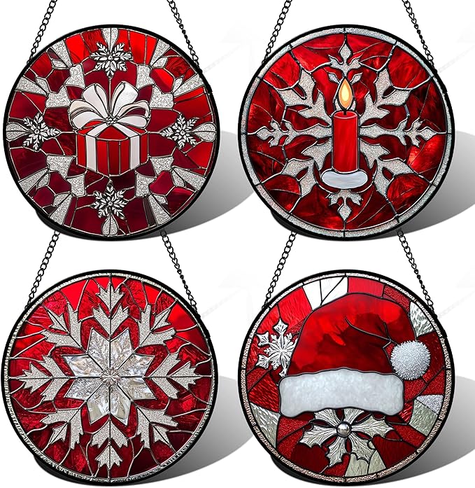 Stained Glass Window Hanging 4 Pcs Set Red Christmas Decorations Theme Large 15" - Suncatcher Door Garden Sun Catcher Decor Birthday for Mom Woman Nana Men Friend Wife