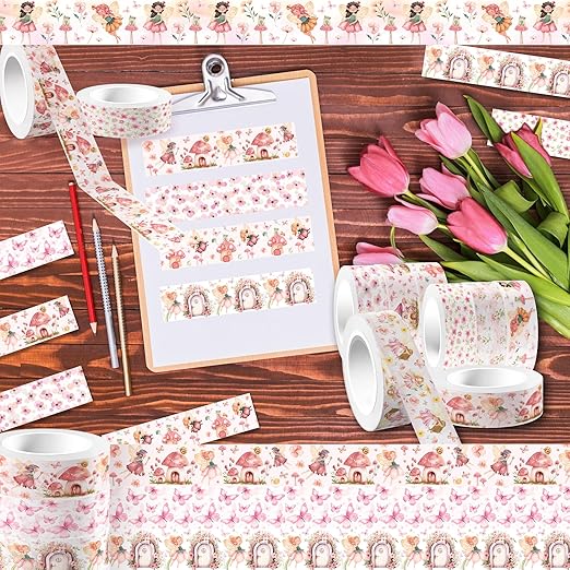 12 Rolls of Pink Fairy Washi Tape, Cute Elf Butterfly Mushroom Decorative Washi Masking Tape Paper Stickers for Journals, Planners, Scrapbooking, Party Decorative Tape, Crafts DIY