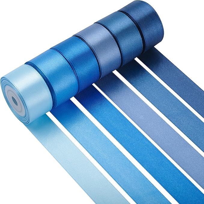 LIUYAXI Blue Satin Ribbon 1 Inch X 6 Rolls Total 60 Yards Double Faced Blue Ribbon Set for Gift Wrapping Craft Wedding Decoration