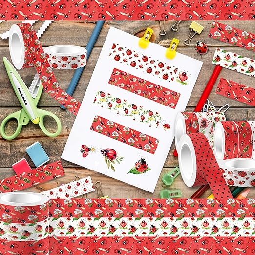 12 Pcs Ladybug Washi Tape Ladybug Masking Tape Decorations Decorative Paper Sticker for Insect Flower Reel Party DIY Craft Gift Wrapping Handbook Stickers