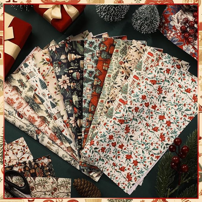 60 Pcs 10 x 10 Inch Vintage Christmas Quilting Fabric Rustic Christmas Fat Squares Patchwork Precut Strips Santa Claus Red Cardinal Fabric Bundles for Xmas Quilting Crafting DIY Craft Sewing