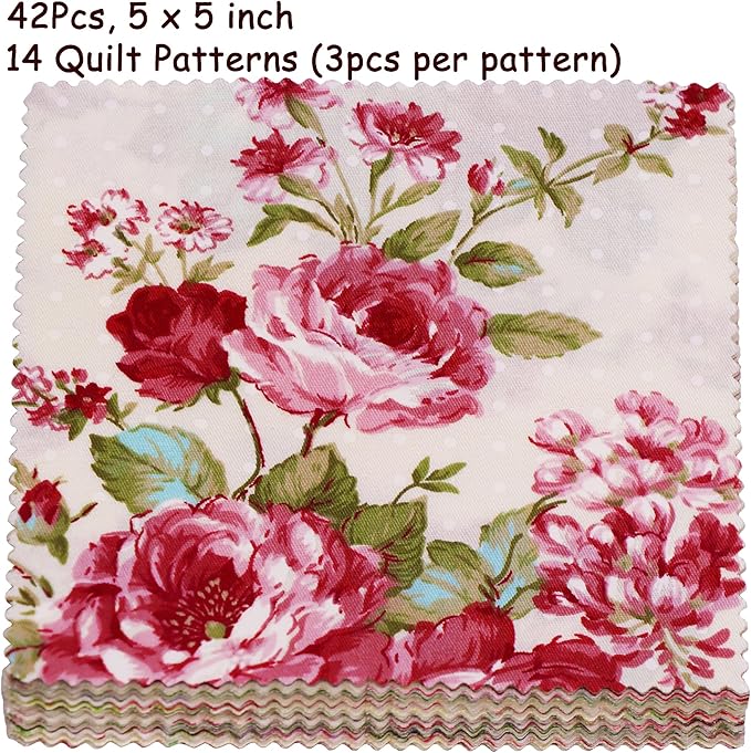 42 Pcs Charm Packs for Quilting 5 inch - Charm Squares for Quilting 5x5-100% Cotton Plaid Retro Rose Floral Fabric Quilt Squares 5x5 for Sewing, Patchwork, and DIY Crafts