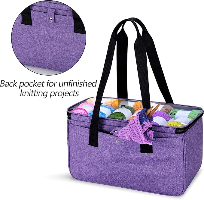 Yarwo Knitting Yarn Bag, Crochet Tote with Pocket for WIP projects, Knitting Needles(Up to 14”) and Skeins of Yarn, Christmas & New Beginnings Gifts for Women, Purple (Bag Only)