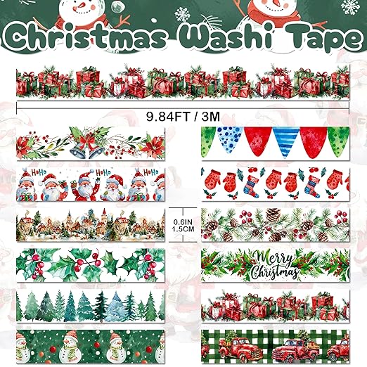 Christmas Washi Tape Set,12 Rolls Floral Watercolor Plants Decorative Tape Santa Claus Snowman Gift Masking Tape for Journaling Supplies,Journal, Scrapbooking,DIY Arts & Crafts,Gift Wrapping