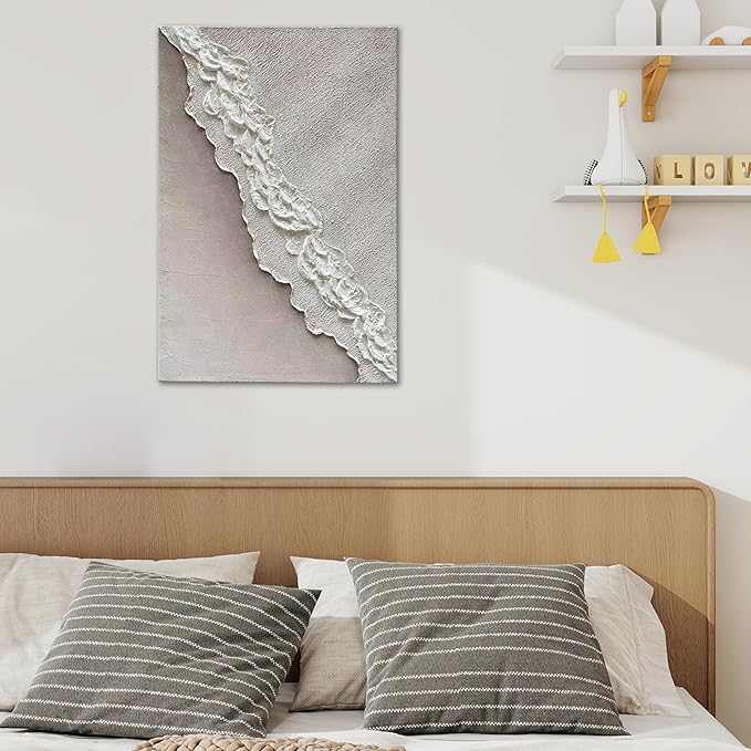 Art Hand-Painted Beach Wave Landscape Art Oil Painting with White Texture Abstract Style for Home Wall Decoration. 40x28 inches