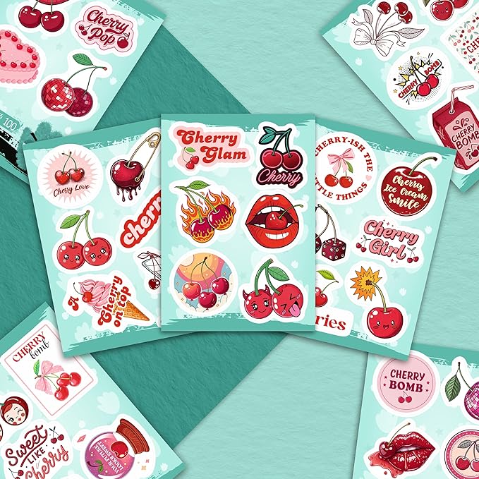 100Pcs Cherry Stickers Waterproof Small for Phone - Cute Fruit Stickers, Red Aesthetic Decals - Cherry Gifts & Party Supplies - Gift for Women & Men