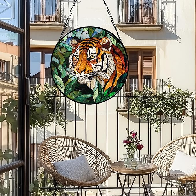 Stained Glass Window Hanging, Fierce Tiger Sun Catcher for Door Home Decor Wild Animals Suncatcher Christmas Mother's Day Birthday Gifts for Women Men Mom and Nana 9.8 in