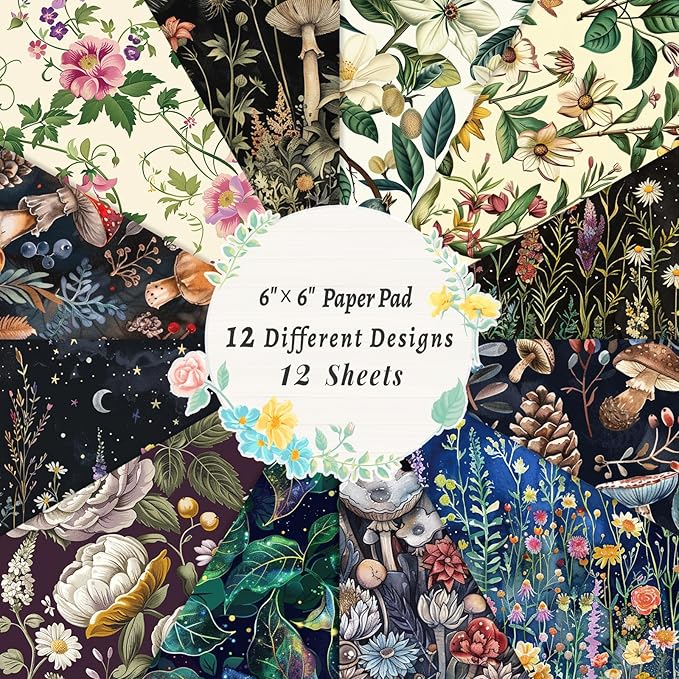 12 Sheets Fantasy Forest Botanical Scrapbook Paper Set 6" x 6" – Vintage Floral Mushroom Nature Craft Paper for Journaling, Decoupage, Origami, Card Making, DIY Art Projects