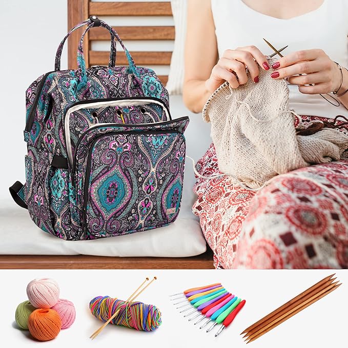 LoDrid Knitting Backpack With Three Oversized Grommets, Travel Yarn Bag With Steel Frame Top, Crochet Organizer for Hooks, Needles, and Other Accessories, Totem