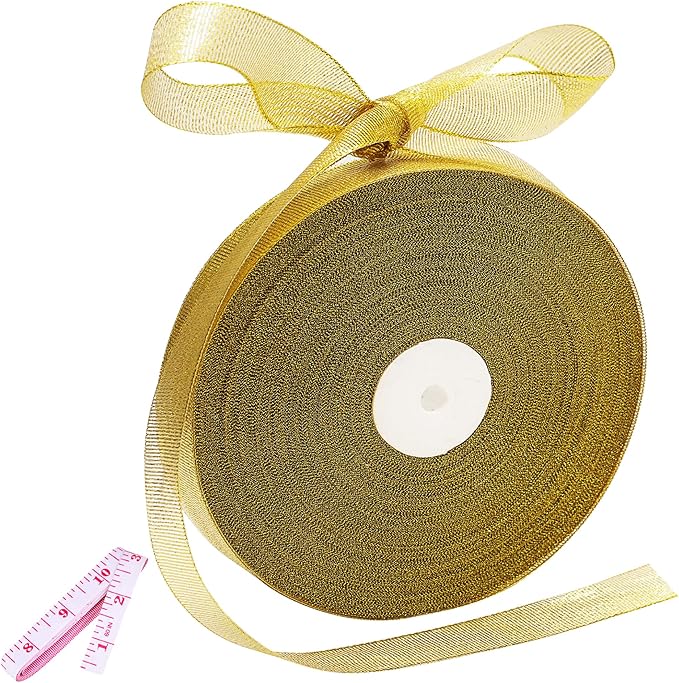 100 Yards Gold Glitter Ribbon 1 Inch, Sparkly Width Solid Fabric Ribbon for Gift Wrapping, Crafts, Holiday Wedding Birthday Party Decoration Flower Bouquet, Metallic Gold Ribbon Roll