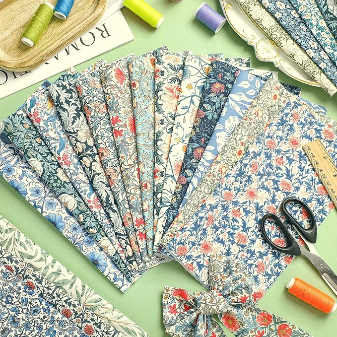 HunnmingRe 20 Pcs 10''x10'' Vintage William Morris Flowers Quilting Fabric Square William Morris Quiltted Fabric Bundle Multicolor Precuts Printed Patchwork Supplies for Holiday DIY Sewing Craft