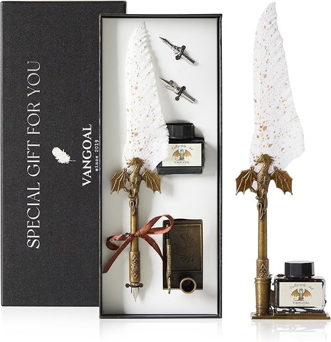 VANGOAL Dragon Quill Pen and Ink Set, Vintage Dragon Feather with Novelty Pen Base, Retro Carving Dip Pen Calligraphy Gift Set for Writing, Drawing, Desktop Decoration (White)