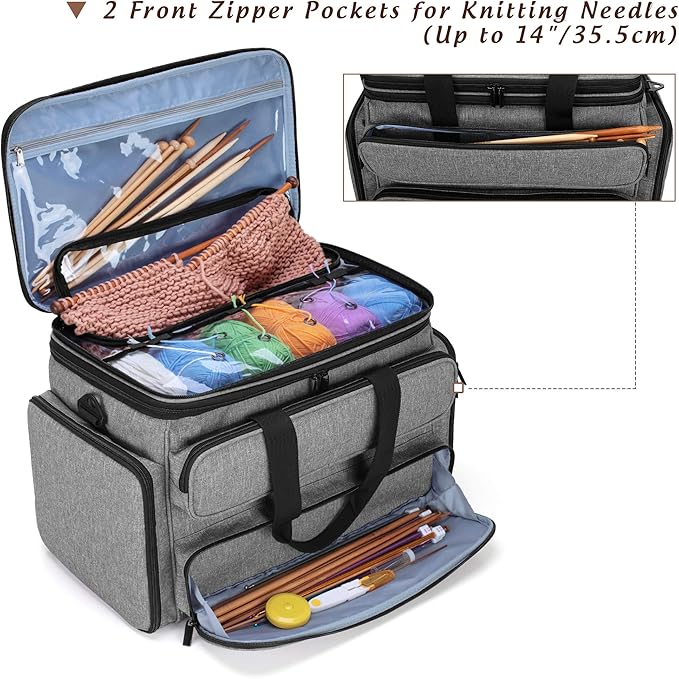 Yarwo Knitting Yarn Bag, Portable Crochet Storage Tote with Double Top Cover and Yarn Holes for Knitting Needles(Up to 14”), Unfinished Projects and Skeins of Yarn, Gray