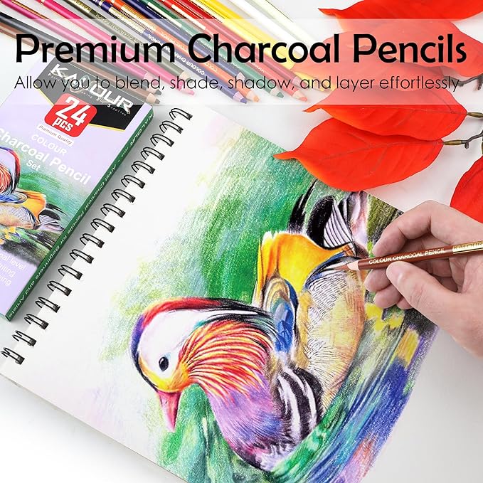 24 Premium Colored Charcoal Pencils Drawing Set, Quality Pastel Chalk Pencils, Skin Tone Colored, for Coloring, Sketching, Drawing, Layering & Blending for Beginners & Artists
