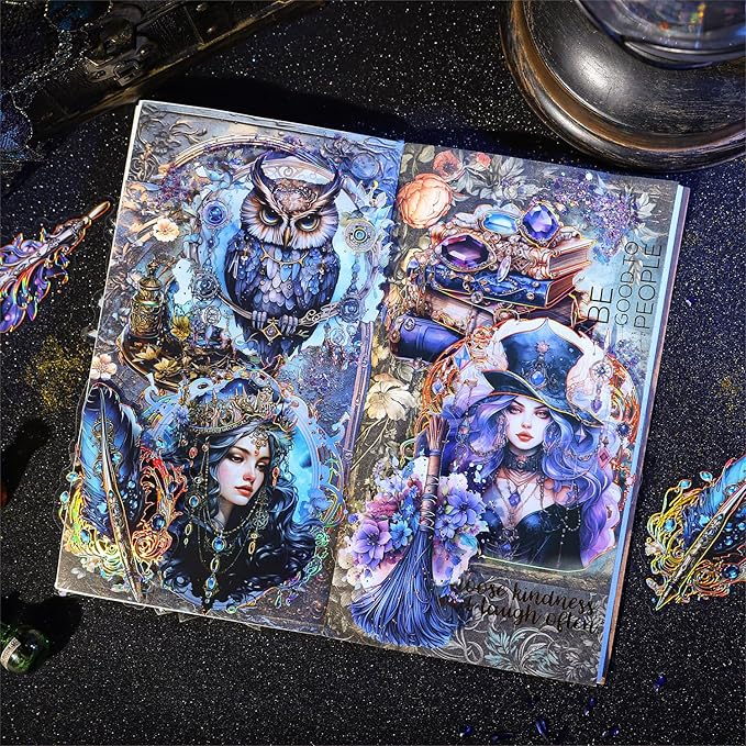 60 PCS Holographic Gold Foil Gothic Witch Stickers – Clear Dark Magic Astrology Scrapbook Stickers for Journaling, Wicca, Planner, Witchcore Aesthetic, Vintage Book & Crystal Cat, Witchcraft Supplies
