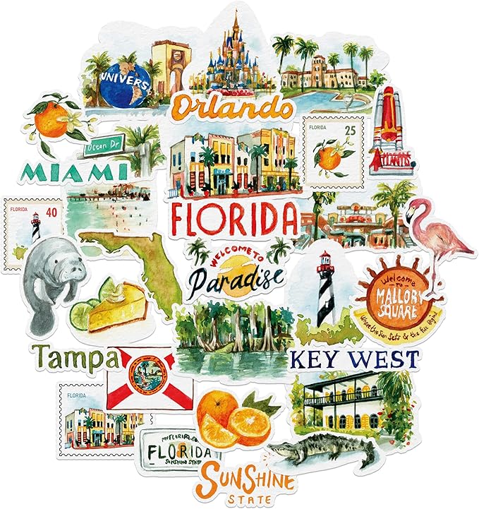 Navy Peony Retro Florida State Travel Stickers (31 Pieces) - Watercolor, USA-Themed, Waterproof | America Vacation Stickers for Scrapbooks, Journals, Suitcase