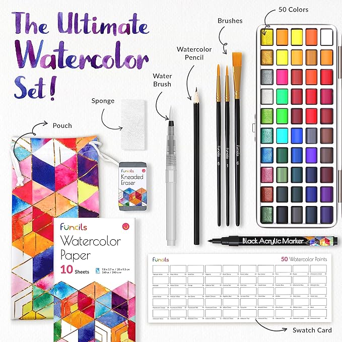 Watercolor Paint Set - 50 Travel Watercolors Set - Water Colors Paint for Adult, Kids, Beginners, Professional Artists | Watercolor Palette with Paper, Brush, Pen | Art Supplies for Adults