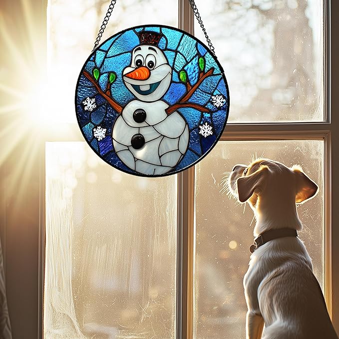 Stained Glass Window Hanging Christmas Funny Snowman 9.8" - Suncatcher Door Garden Blue White Snowflakes Sun Catcher New Year Birthday for Friend Mom Men Woman Nana