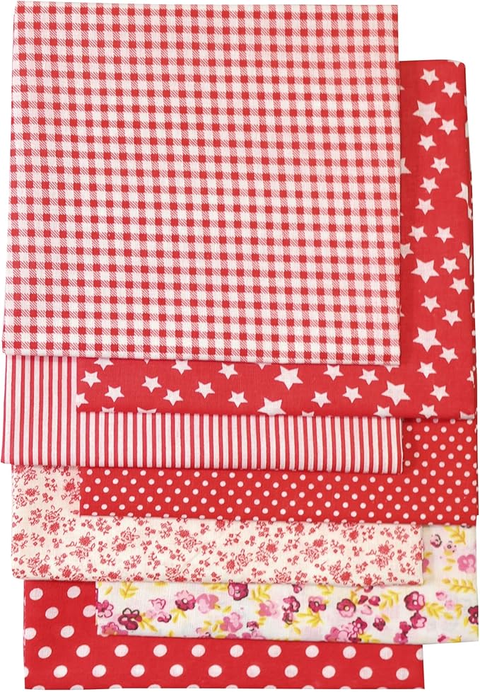 7PCS/lot Red Series Floral Cotton Fabric Quilting Patchwork Fabric Fat Quarter Bundles Fabric for Scrapbooking Cloth Sewing DIY Crafts Handmade Bags Pillows 19.7X19.7inches