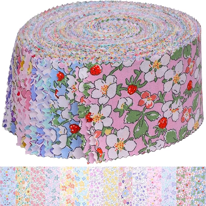 Jelly Roll Fabric Strips for Quilting, Crafting, and Sewing, 42 Strip Bundle, Soft Cotton for Blanket, Rug, Upholstery, Home Decor, and Purse Making, Spring Pastel Floral