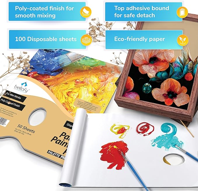 Bellofy 2X Disposable Palette Paper 9x12 Inches | Mess-Free Paper Artist Palette for Acrylic, Oil Paint | Perfect Painting for Artists, Kids & Beginners | Easy-to-Use Tear-Off Sheets for Mixing Colors