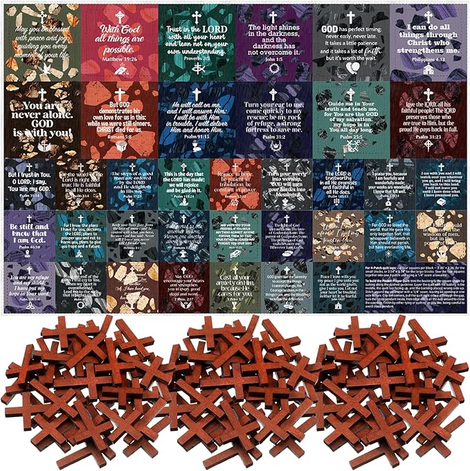 Pocket Prayer Quilt Panel Squares with Small Wooden Crosses Mini Scripture Pocket Prayer Quilt for Friend Family Religious Spiritual Gift Easter Reward Gift(Retro1,Brown)