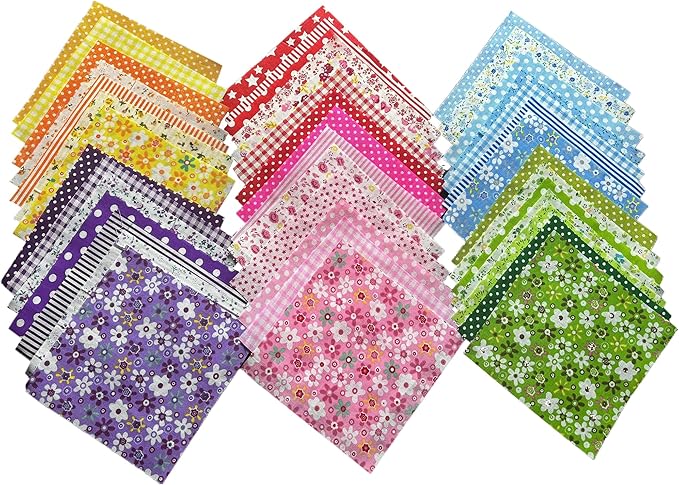 42 Piece Cotton Quilting Fabric Squares, 5x5 Inch Pre-Cut Floral Patchwork Bundle in Red, Pink, Yellow, Green, Blue, Purple for DIY Sewing, Scrapbooking, Craft Projects