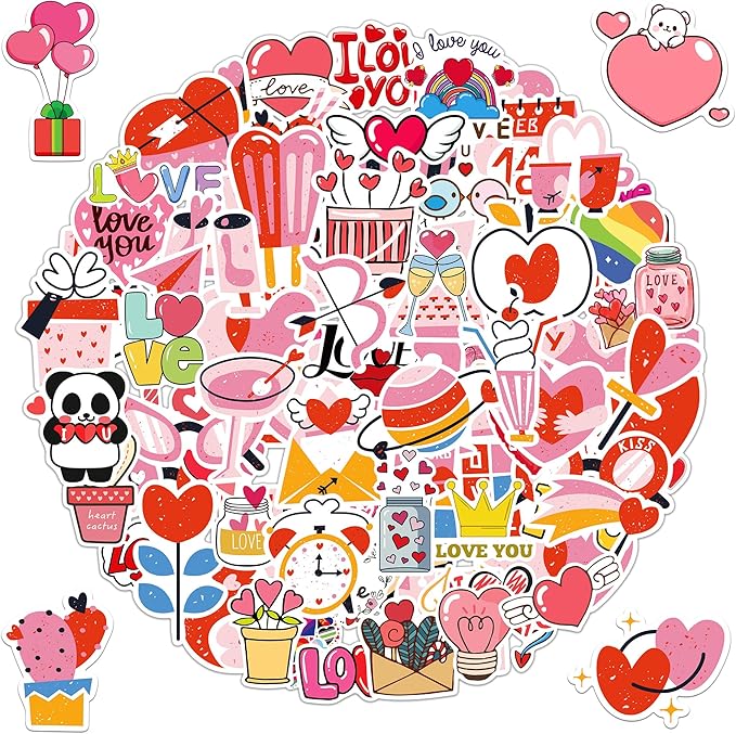 100 Pcs Valentine's Day Stickers, Waterproof Vinyl Love Heart Stickers for Water Bottles, Laptops, Gift Boxes, Phone Case, Party Decorations