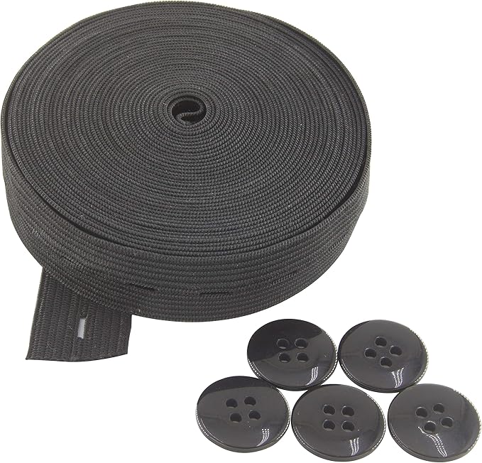 Flat Sewing Band Spool with Buttonholes, Elastic Stretchable, Ideal for DIY Waistbands and Necklines (Black, 3/4 inch × 5 Yards)