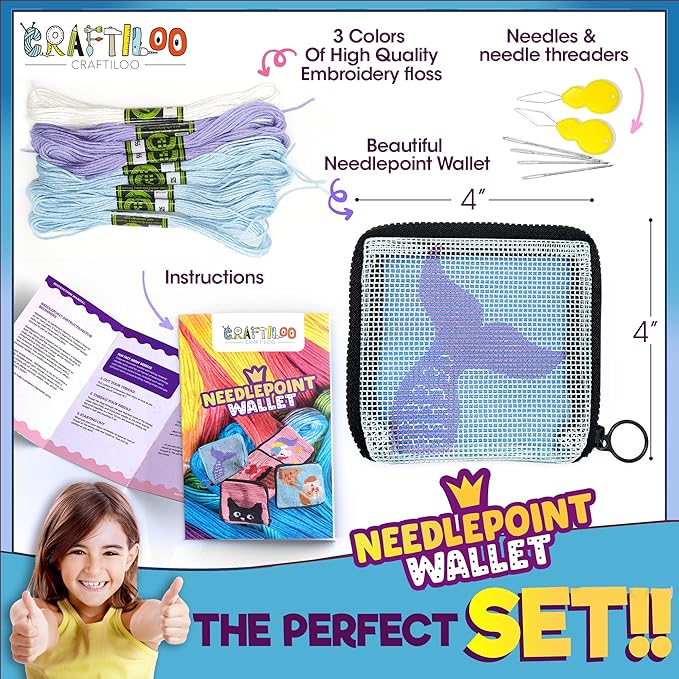 Pre Printed Needlepoint Wallet Kit for Kids Embroidery Arts and Crafts Set Cross Stitch Sewing Kit (Mermaid)