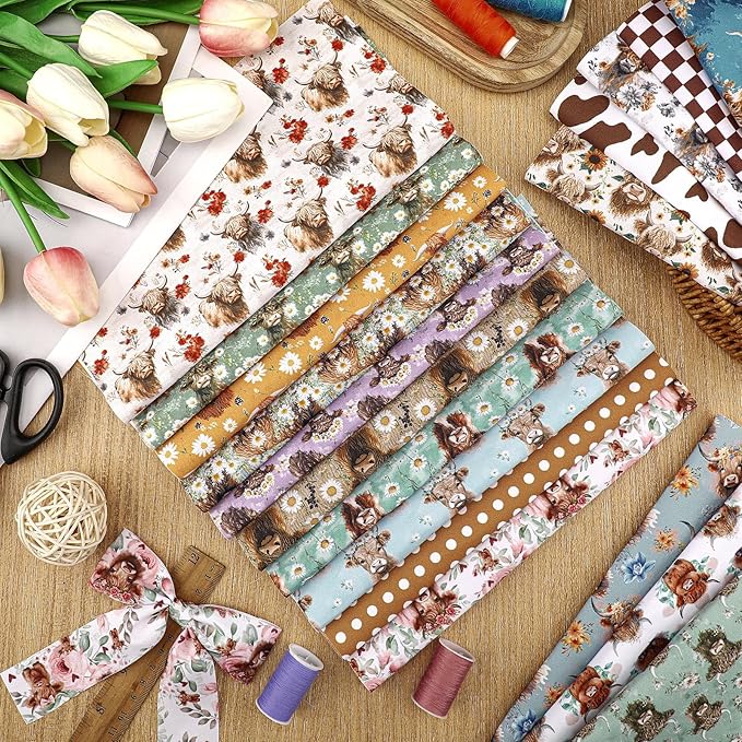 Ganeen 60 Pcs 10 x 10 Inch Highland Cow Quilting Fabric Squares Vintage Highland Cow Fat Patchwork Precut Strips Retro Multicolor Fabric Bundles for Holiday DIY Craft Sewing Quilt Material Handmade