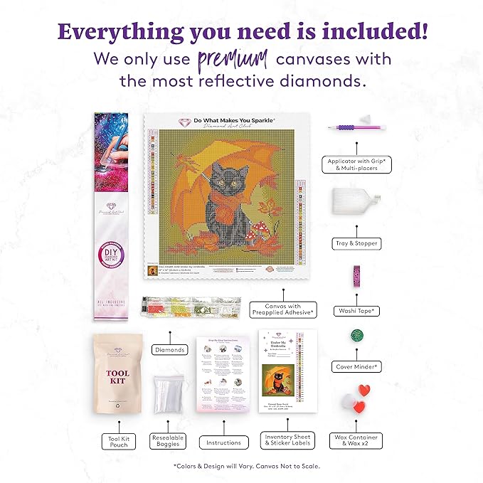 DIAMOND ART CLUB Under My Umbrella - Black Kitty Diamond Painting Kit, Fun DIY Crafts for Adults, Round Diamond Art Canvas, 13" x 13"