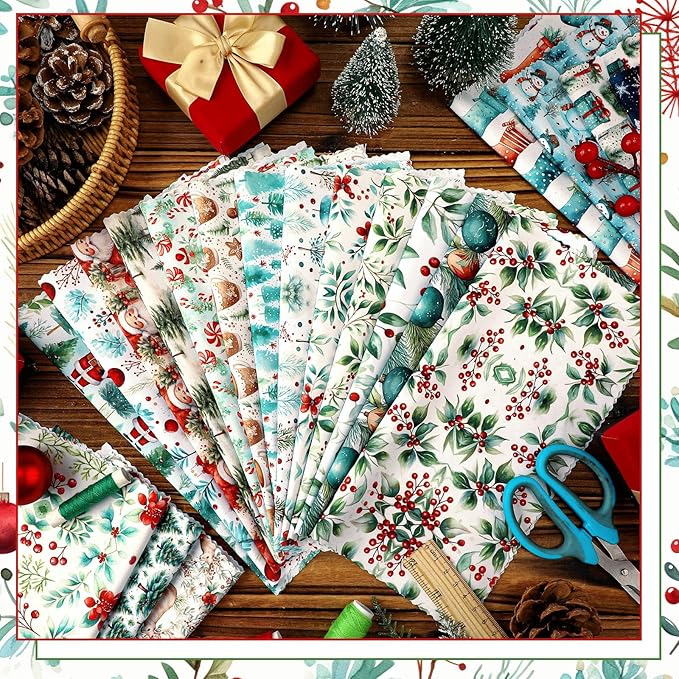 HunnmingRe 20 Pcs 10''x10'' Watercolor Christmas Quilting Fabric Square Santa Red Berry Reindeer Quiltted Fabric Bundle Multicolor Precuts Printed Patchwork Supplies for Xmas Holiday DIY Sewing Craft