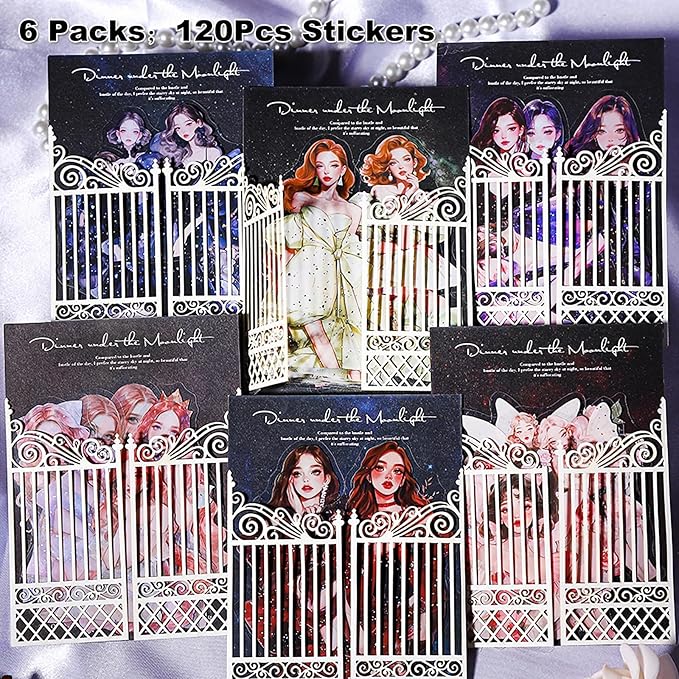 Elegant Girl PET Sticker Set, 120PCS Vintage Fashion Girl Stickers with Silver Accents for Scrapbooking Journaling DIY Crafts Art Supplies