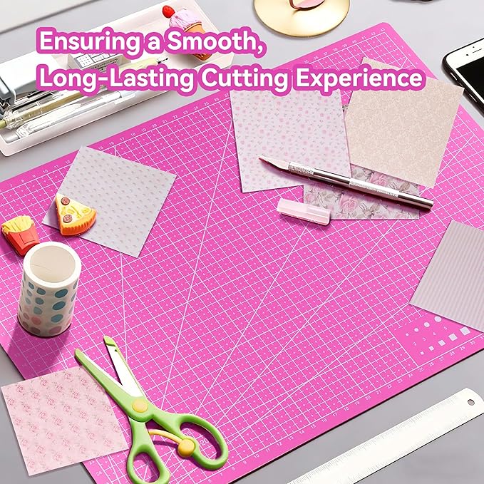 Self Healing Cutting Mat 12x9 inch A4 Size, Double-Sided Grid & Non-Slip Surface for Rotary Cutting, Sewing, Quilting, Craft with 12 Bonus Papers - Pink